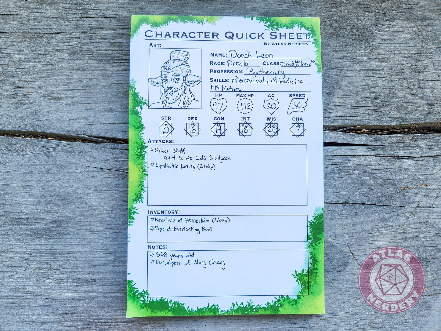 Character Quick Sheet Large Notepad - 8.5in x 5.5x Non-Sticky Tear-Away Memo Notepad 50 Pages - Game Master Organization Tool