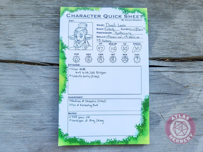 Character Quick Sheet Large Notepad - 8.5in x 5.5x Non-Sticky Tear-Away Memo Notepad 50 Pages - Game Master Organization Tool