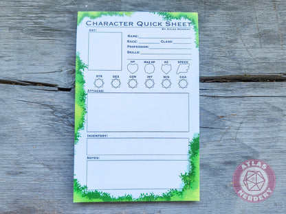 Character Quick Sheet Large Notepad - 8.5in x 5.5x Non-Sticky Tear-Away Memo Notepad 50 Pages - Game Master Organization Tool