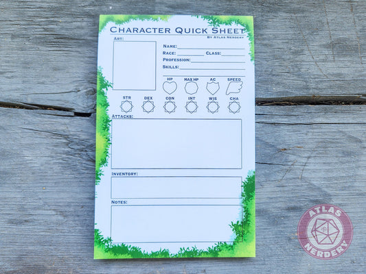 Character Quick Sheet Large Notepad - 8.5in x 5.5x Non-Sticky Tear-Away Memo Notepad 50 Pages - Game Master Organization Tool