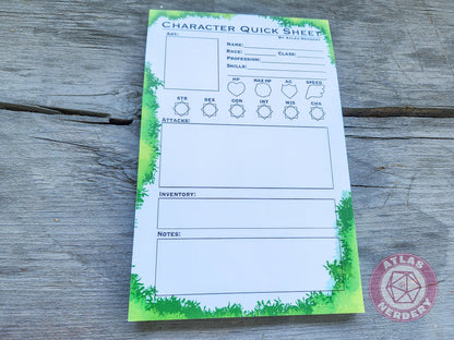 Character Quick Sheet Large Notepad - 8.5in x 5.5x Non-Sticky Tear-Away Memo Notepad 50 Pages - Game Master Organization Tool
