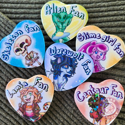 Centaur Fan - 2.25” x 2” Holographic Heart Shaped Pinback Button