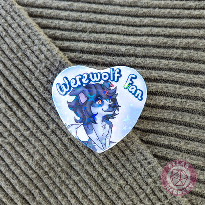 Werewolf Fan - 2.25” x 2” Holographic Heart Shaped Pinback Button