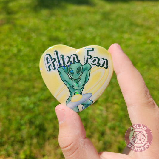 Alien Fan - 2.25” x 2” Holographic Heart Shaped Pinback Button