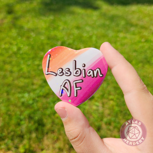 Lesbian AF - Lesbian Pride 2.25” x 2” Holographic Heart Shaped Pinback Button