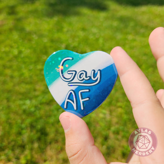 Gay AF - Gay Men (MLM) Pride 2.25” x 2” Holographic Heart Shaped Pinback Button