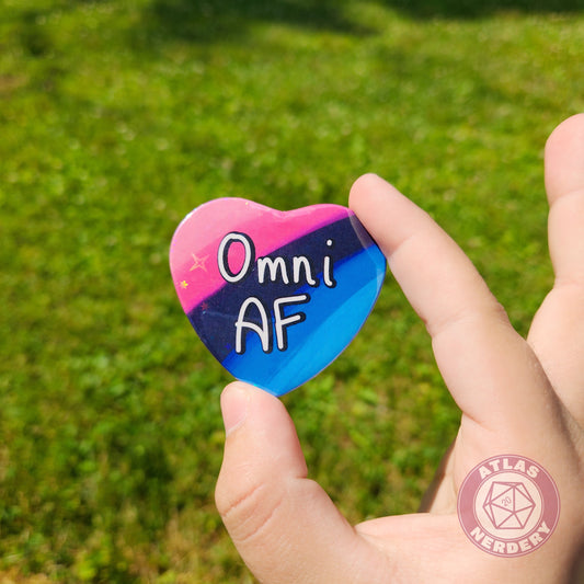 Omni AF - Omnisexual Pride 2.25” x 2” Holographic Heart Shaped Pinback Button