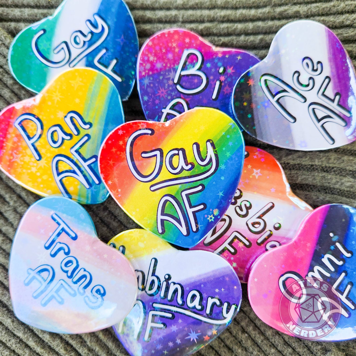 Queer AF - Queer Pride Flag 2.25” x 2” Holographic Heart Shaped Pinback Button