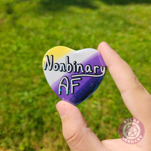 Nonbinary AF - Enby Pride 2.25” x 2” Holographic Heart Shaped Pinback Button