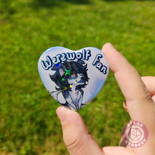 Werewolf Fan - 2.25” x 2” Holographic Heart Shaped Pinback Button