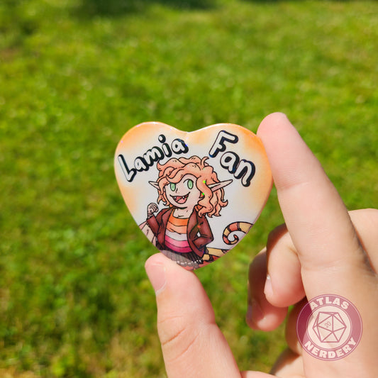 Lamia Fan - 2.25” x 2” Holographic Heart Shaped Pinback Button