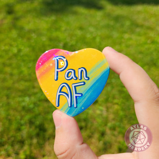 Pan AF - Pansexual Pride 2.25” x 2” Holographic Heart Shaped Pinback Button