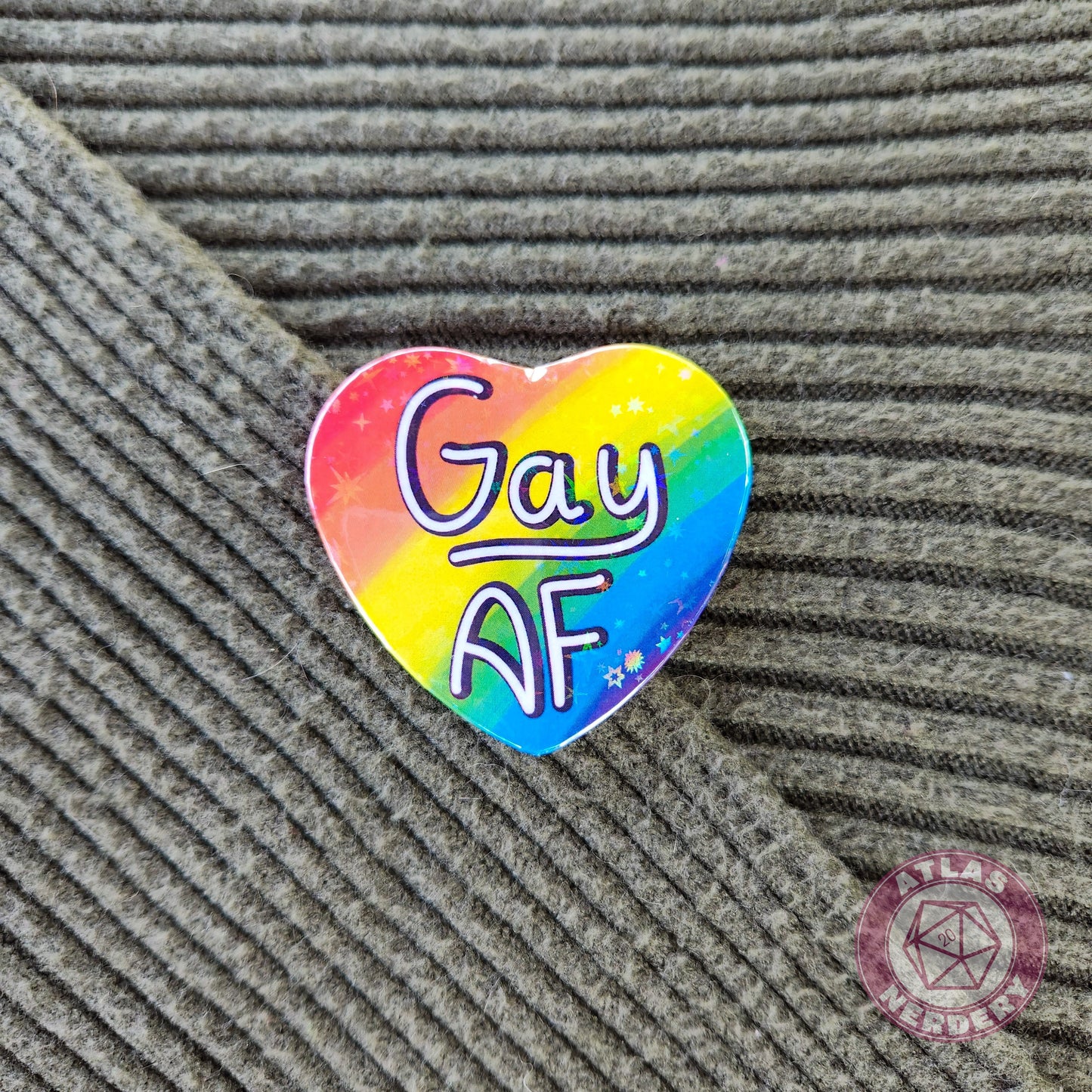 Gay AF - Gay Rainbow Pride 2.25” x 2” Holographic Heart Shaped Pinback Button