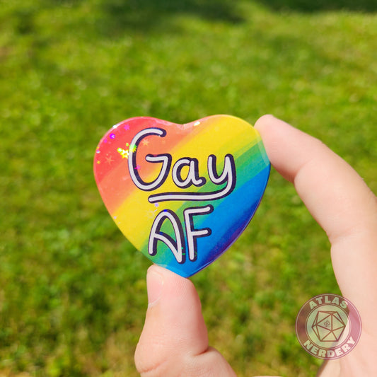 Gay AF - Gay Rainbow Pride 2.25” x 2” Holographic Heart Shaped Pinback Button