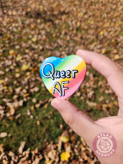 Queer AF - Queer Pride Flag 2.25” x 2” Holographic Heart Shaped Pinback Button