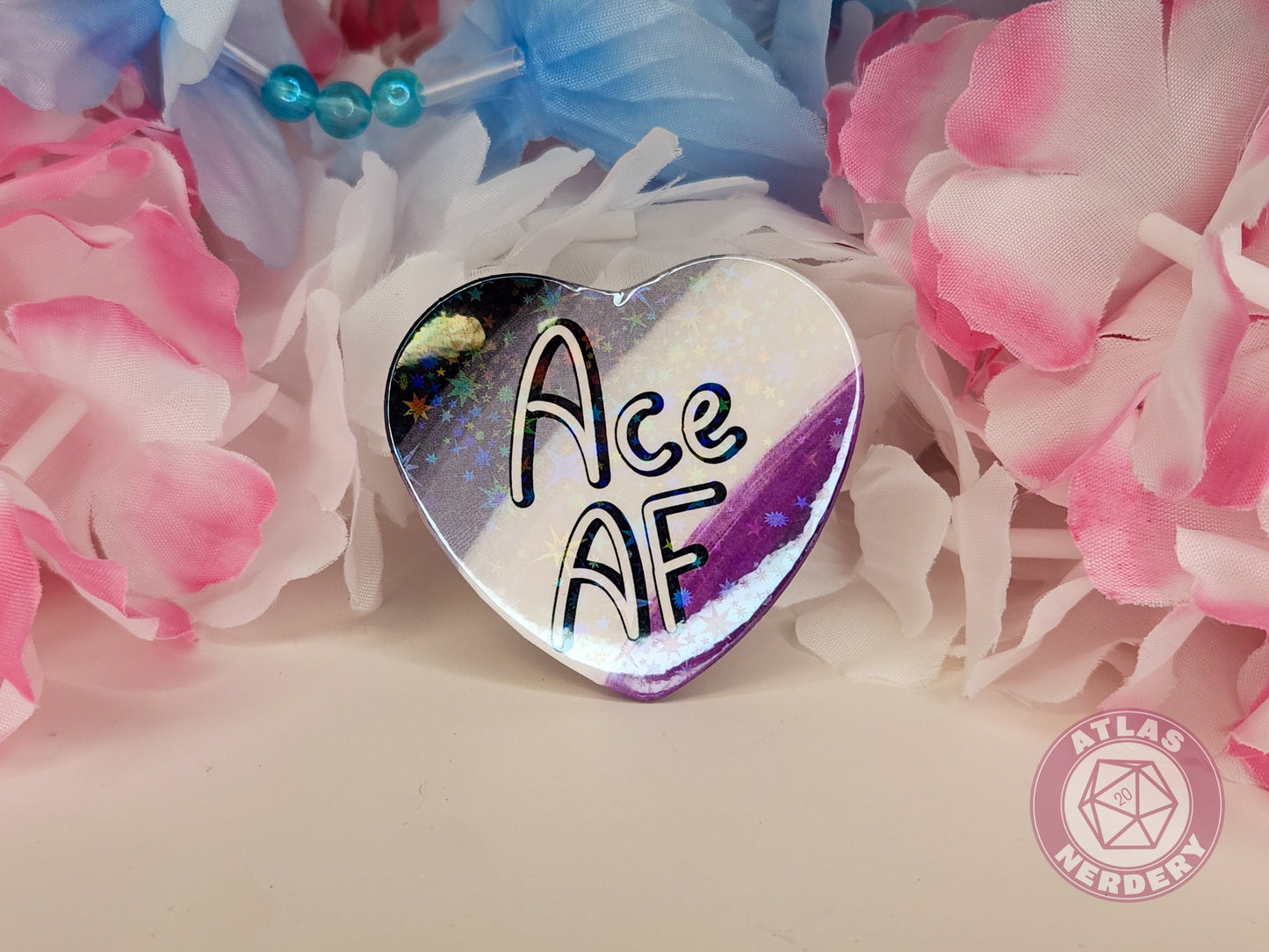 Ace AF - Asexual Pride 2.25” x 2” Holographic Heart Shaped Pinback Button