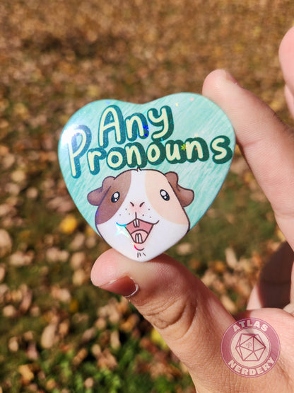 Any Pronouns - Alucard the Guinea Pig Pronoun Button - 2.25” x 2” Holographic Heart Shaped Pinback Button