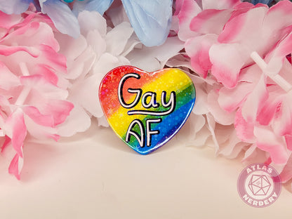 Gay AF - Gay Rainbow Pride 2.25” x 2” Holographic Heart Shaped Pinback Button