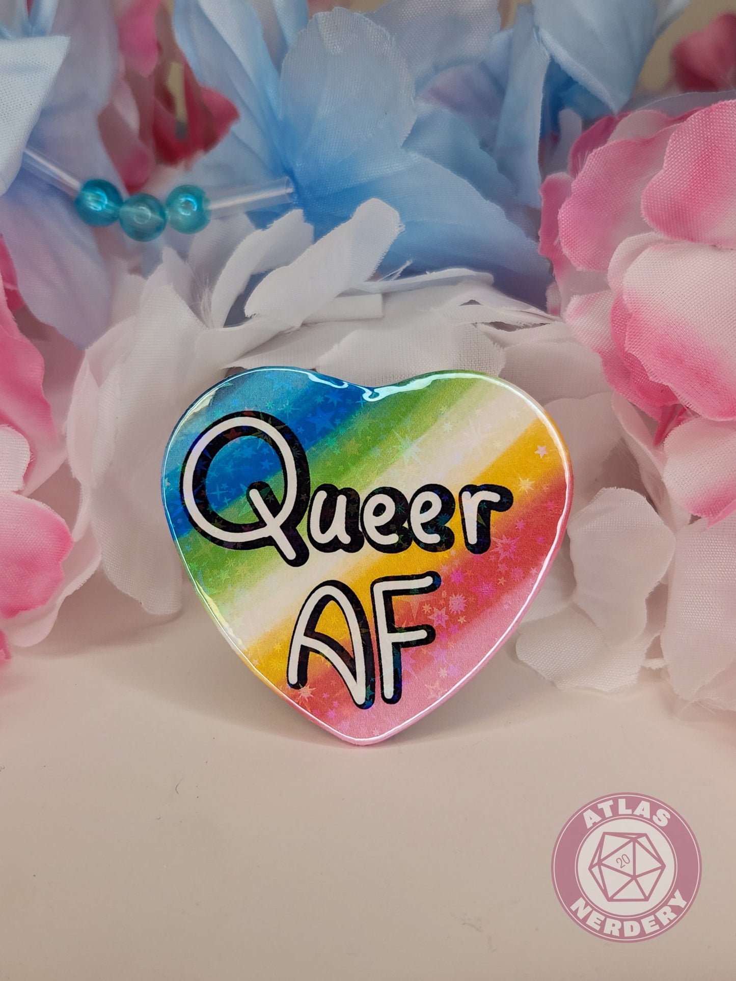 Queer AF - Queer Pride Flag 2.25” x 2” Holographic Heart Shaped Pinback Button