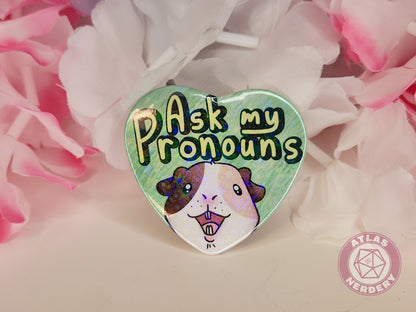Ask My Pronouns - Alucard the Guinea Pig Pronoun Button - 2.25” x 2” Holographic Heart Shaped Pinback Button