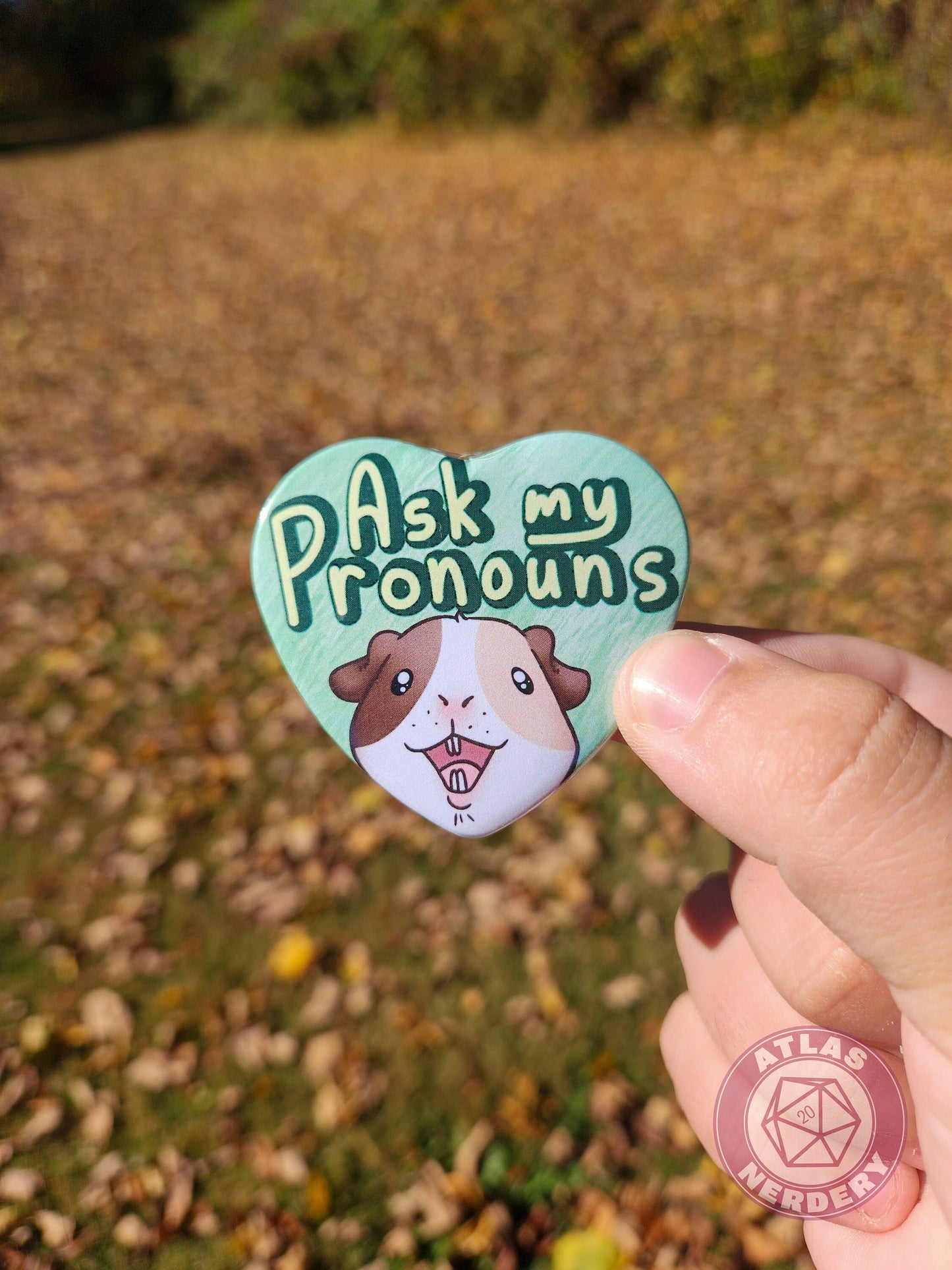 Ask My Pronouns - Alucard the Guinea Pig Pronoun Button - 2.25” x 2” Holographic Heart Shaped Pinback Button