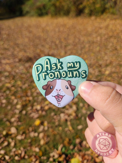 Ask My Pronouns - Alucard the Guinea Pig Pronoun Button - 2.25” x 2” Holographic Heart Shaped Pinback Button