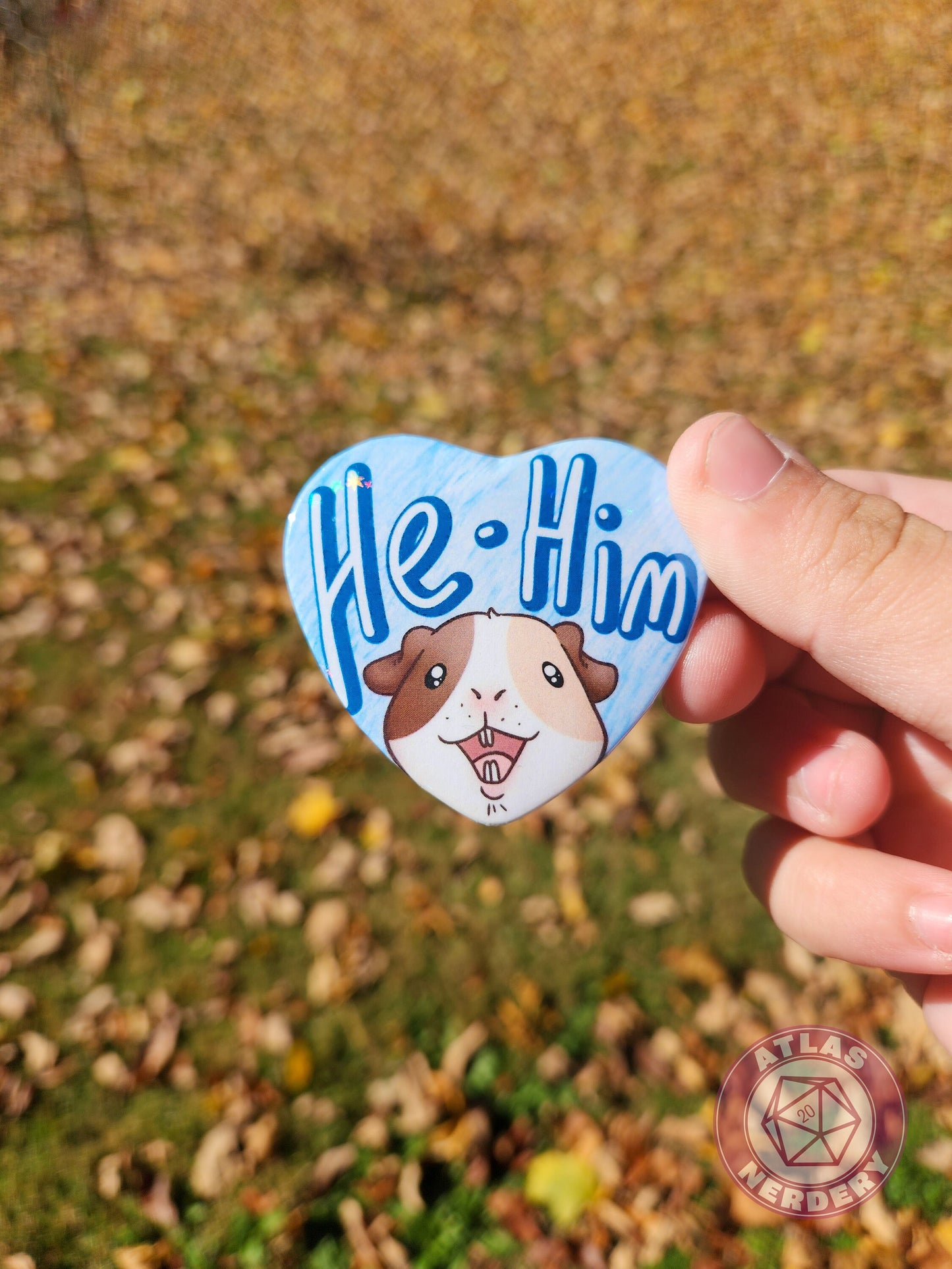 He Him Pronouns - Alucard the Guinea Pig Pronoun Button - 2.25” x 2” Holographic Heart Shaped Pinback Button