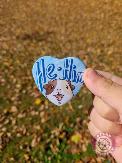 He Him Pronouns - Alucard the Guinea Pig Pronoun Button - 2.25” x 2” Holographic Heart Shaped Pinback Button