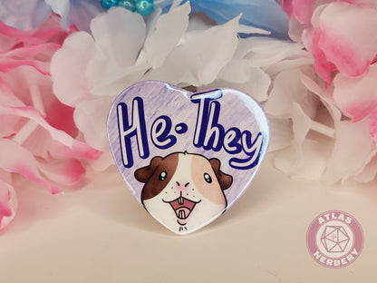 He They Pronouns - Alucard the Guinea Pig Pronoun Button - 2.25” x 2” Holographic Heart Shaped Pinback Button