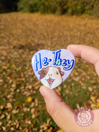 He They Pronouns - Alucard the Guinea Pig Pronoun Button - 2.25” x 2” Holographic Heart Shaped Pinback Button