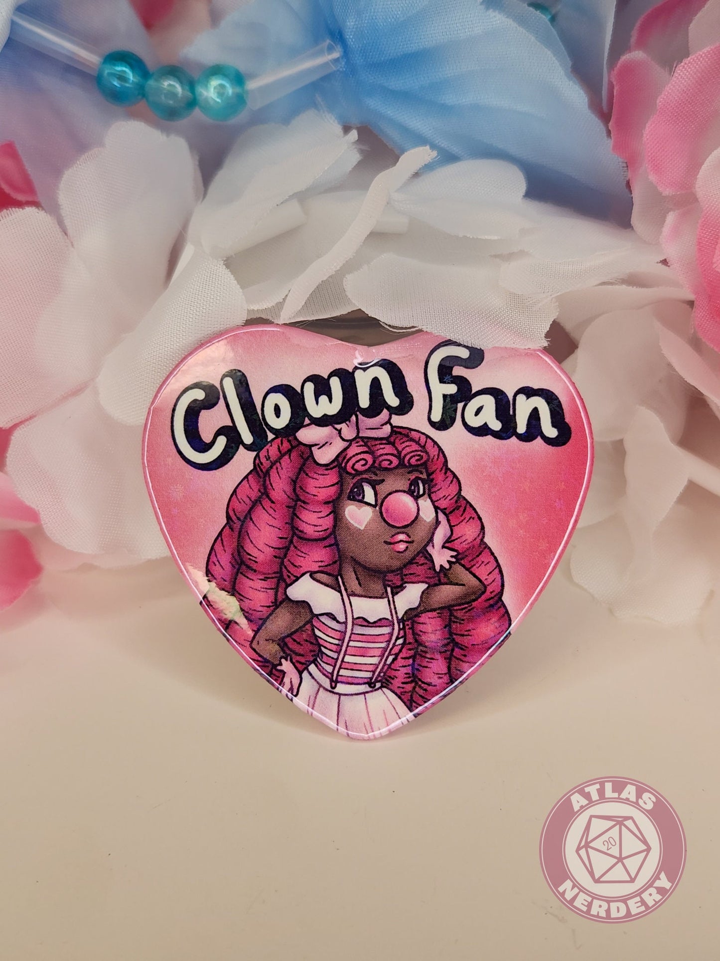 Clown Fan - 2.25” x 2” Holographic Heart Shaped Pinback Button