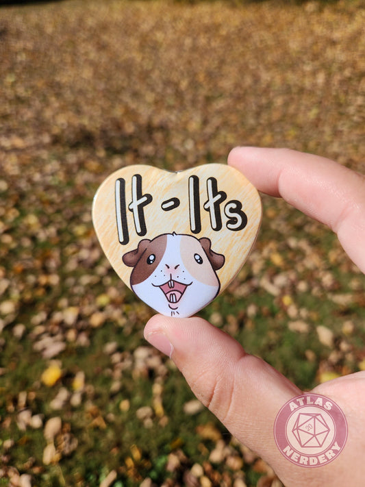 It Its Pronouns - Alucard the Guinea Pig Pronoun Button - 2.25” x 2” Holographic Heart Shaped Pinback Button