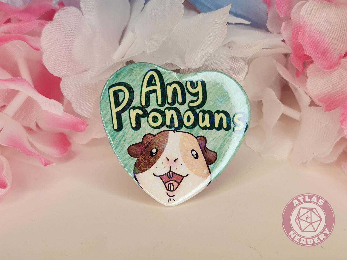 Any Pronouns - Alucard the Guinea Pig Pronoun Button - 2.25” x 2” Holographic Heart Shaped Pinback Button