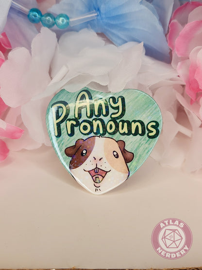 Any Pronouns - Alucard the Guinea Pig Pronoun Button - 2.25” x 2” Holographic Heart Shaped Pinback Button