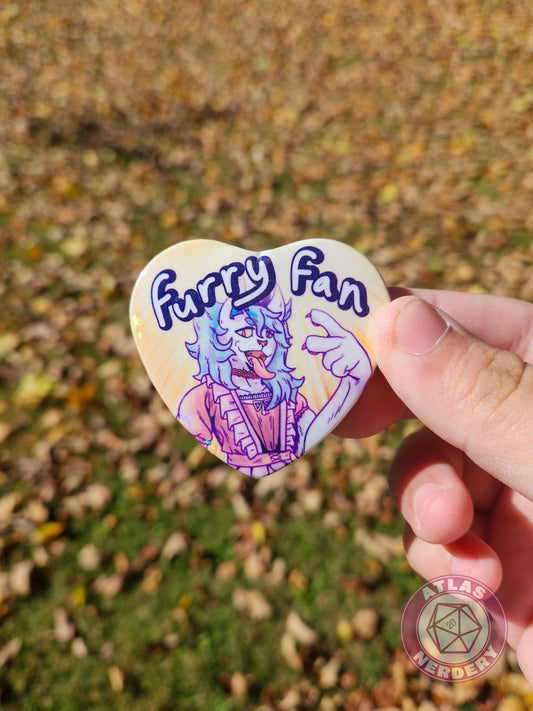 Furry Fan - 2.25” x 2” Holographic Heart Shaped Pinback Button