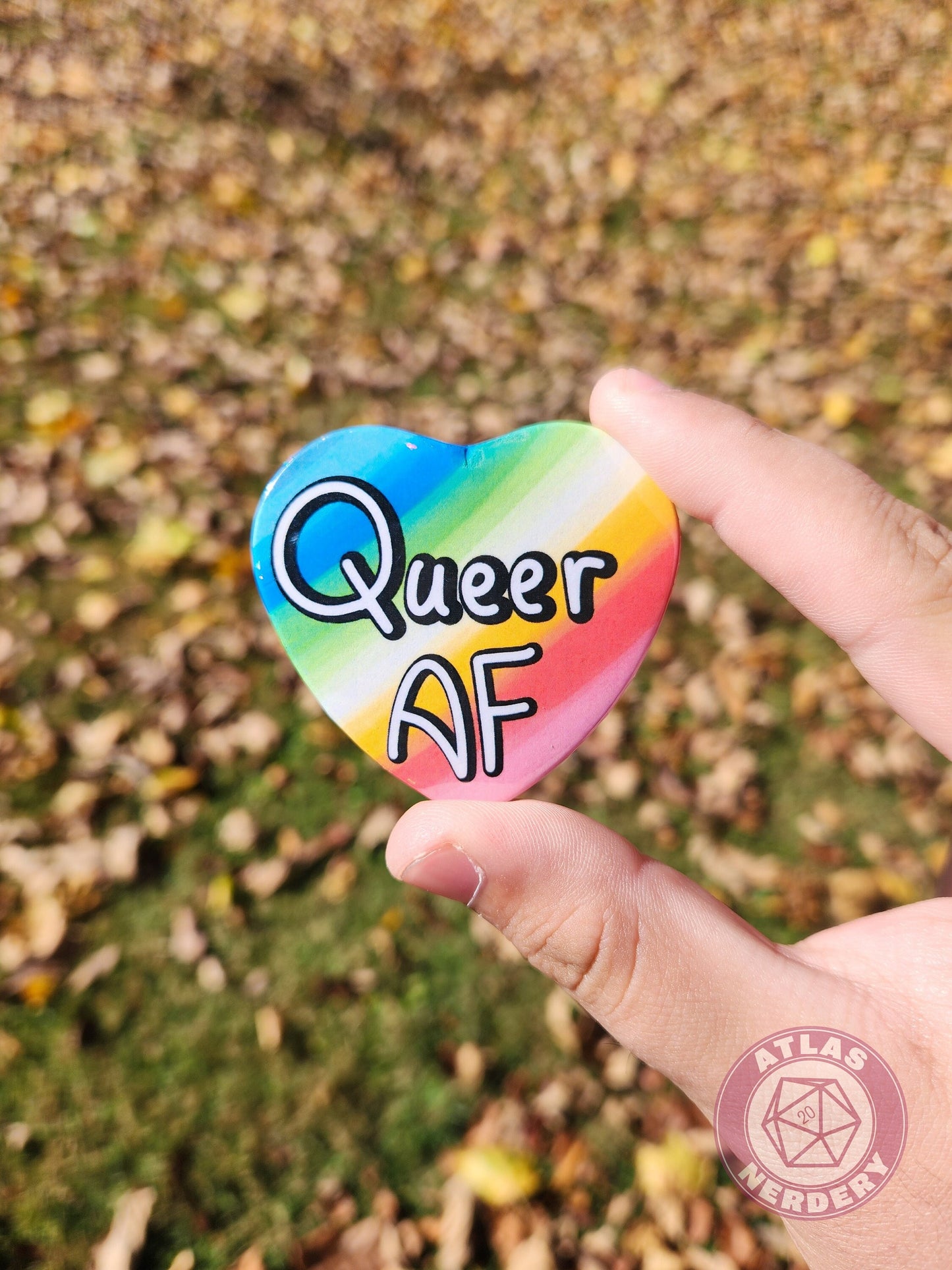 Queer AF - Queer Pride Flag 2.25” x 2” Holographic Heart Shaped Pinback Button