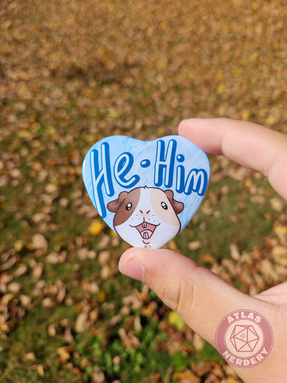 He Him Pronouns - Alucard the Guinea Pig Pronoun Button - 2.25” x 2” Holographic Heart Shaped Pinback Button