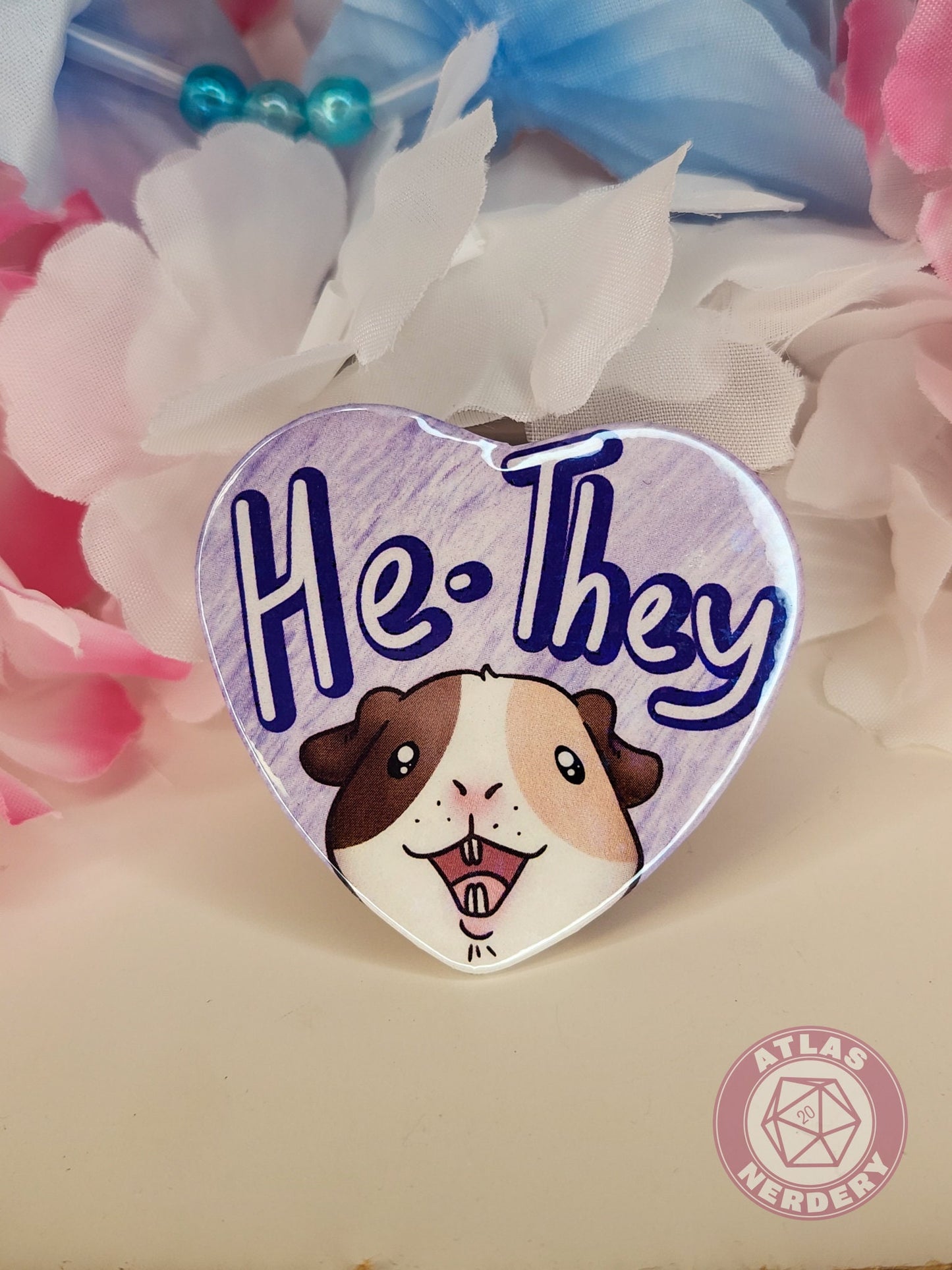 He They Pronouns - Alucard the Guinea Pig Pronoun Button - 2.25” x 2” Holographic Heart Shaped Pinback Button