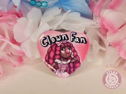 Clown Fan - 2.25” x 2” Holographic Heart Shaped Pinback Button