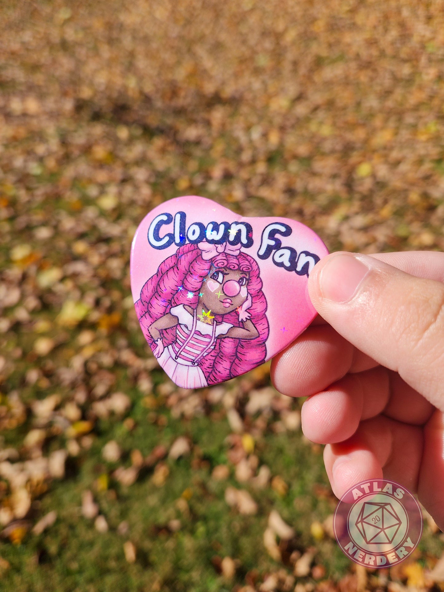 Clown Fan - 2.25” x 2” Holographic Heart Shaped Pinback Button