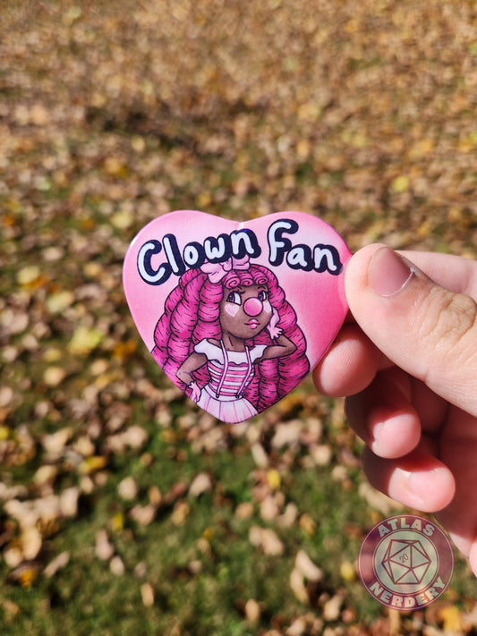 Clown Fan - 2.25” x 2” Holographic Heart Shaped Pinback Button