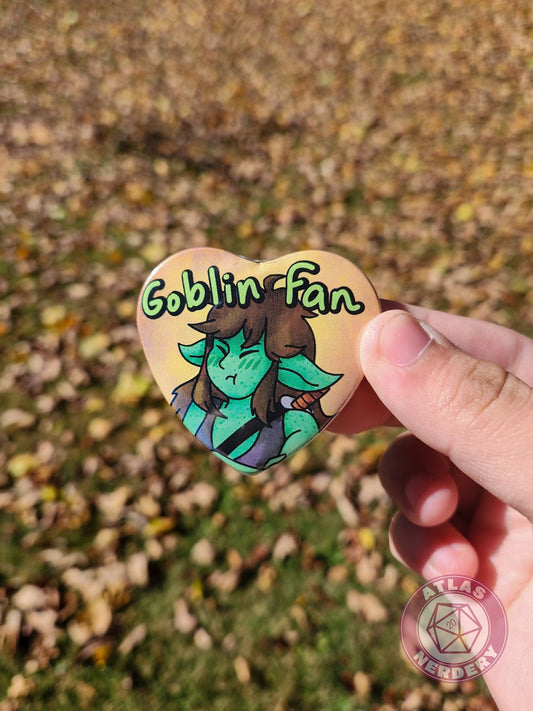 Goblin Fan - 2.25” x 2” Holographic Heart Shaped Pinback Button