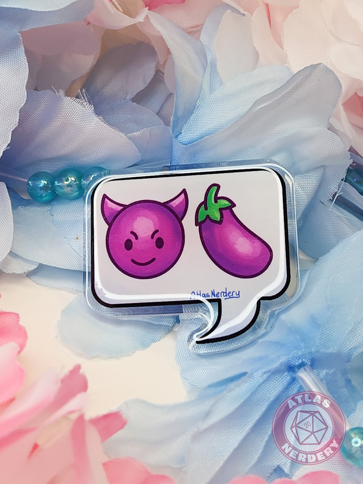 Smiling Devil Eggplant Emojis - 2" Acrylic Pin with Epoxy Dome Coating