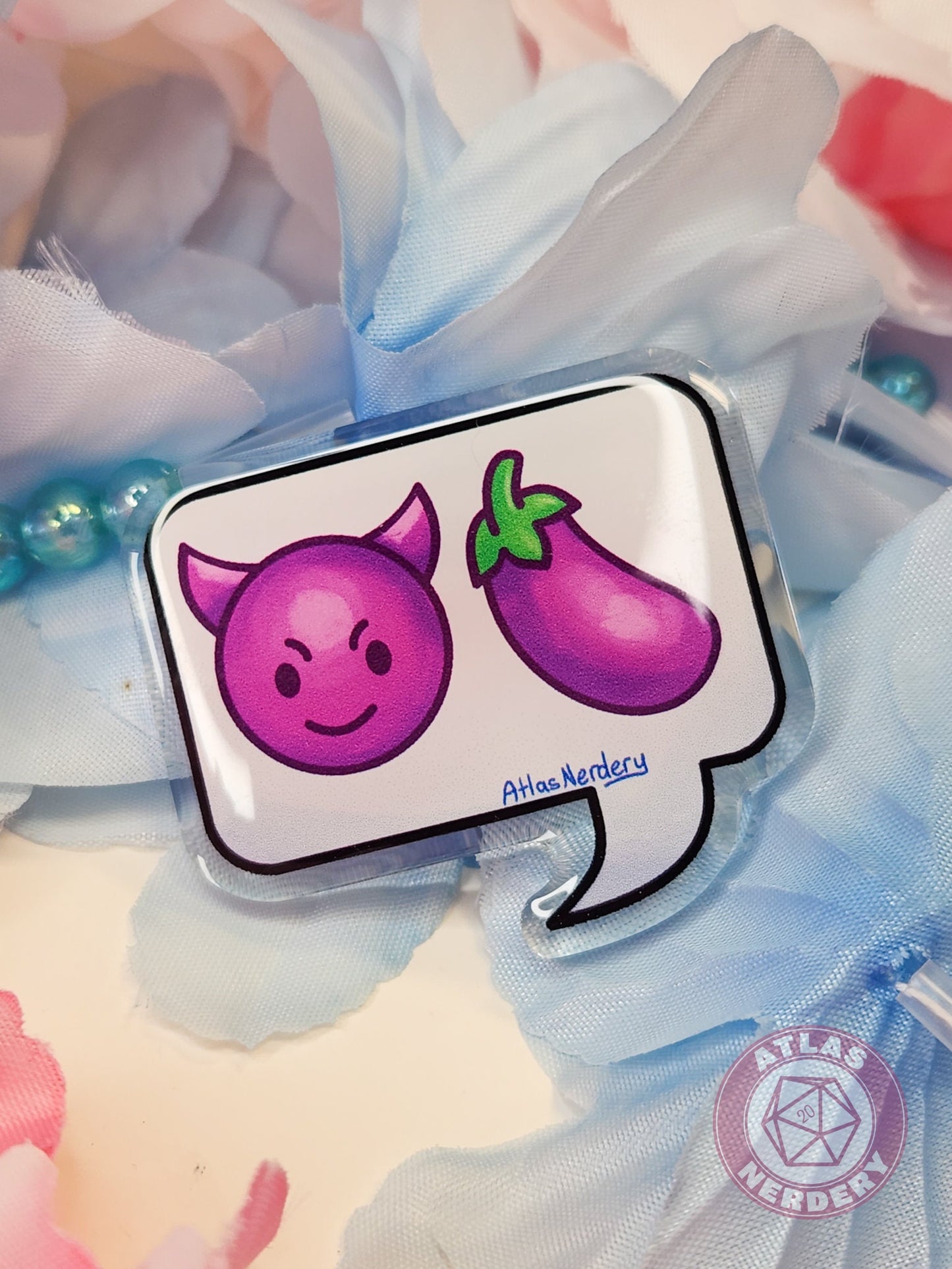 Smiling Devil Eggplant Emojis - 2" Acrylic Pin with Epoxy Dome Coating