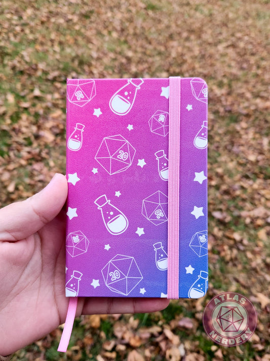 Dice and Potions Travel Sketchbook - A6 Size with 160 Pages, Green Ribbon Bookmark and Strap Closure